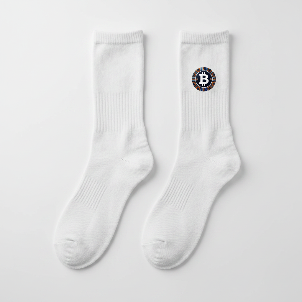 BitcoinatedMerch Classic White Socks with small African-inspired Bitcoin logo on ankle