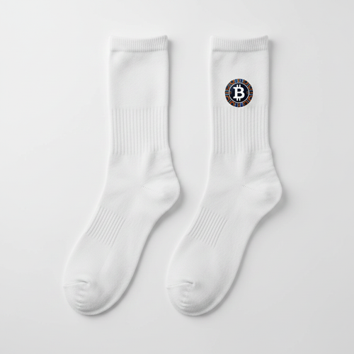 BitcoinatedMerch Classic White Socks with small African-inspired Bitcoin logo on ankle